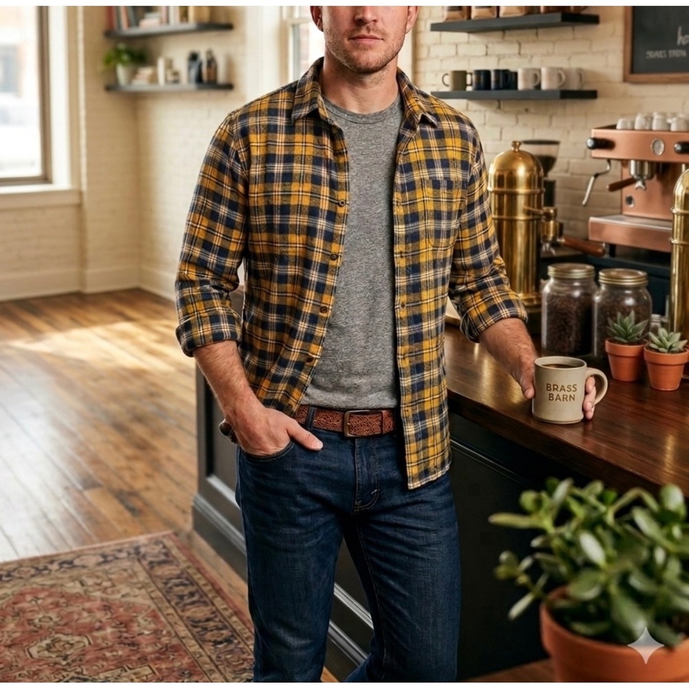 VSTR Premium Mens Yellow Navy Blue Plaid Flannel Button Down Shirt Size M